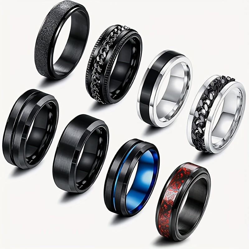 8pcs Men's and Women's 201 Stainless Steel Ring Set - Retro Style Rotating Wedding Ring, Gift for Boyfriend