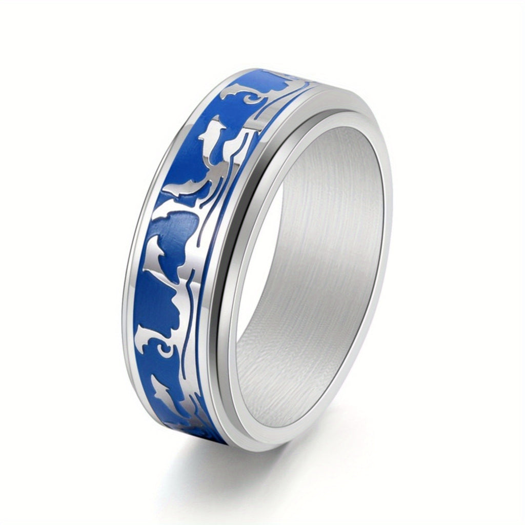 Men's Stainless Steel Rotatable Ring with Ocean Dolphin Design – Elegant Blue and Black, Ideal for Daily Wear or Parties, Dolphin Decor