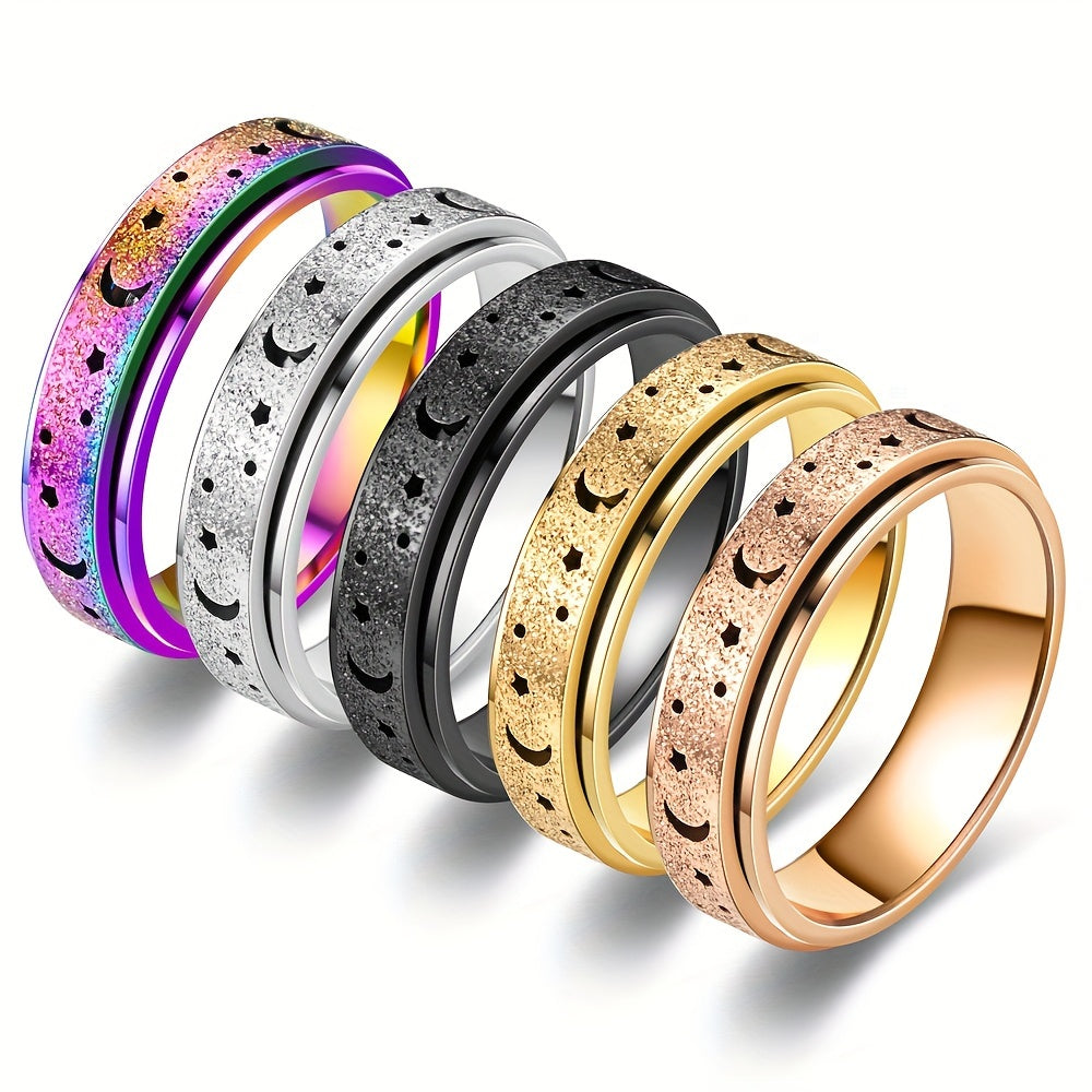 5pcs Set of New Creative 304L 304L Stainless Steel Rotatable Rings, Fashionable Moon and Star Design, Multiple Colors Available for Everyday Outfits