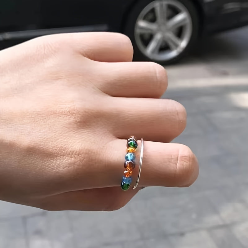 Rotatable Fidget Spinner, 316L Stainless Steel Anti Stress Silvery Color Rings for Women, Vintage Colorful Beads