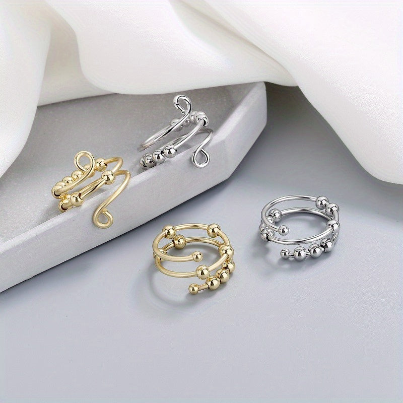 1pc Stainless Steel Embossed Ring with Rotating Bead for Relax/Anxiety, Adjustable Opening Size, Vintage Minimalist Style - Decompression Self-Relaxing Spinning Bead Jewelry - Unisex Ring, Creative Beaded Gift for Women