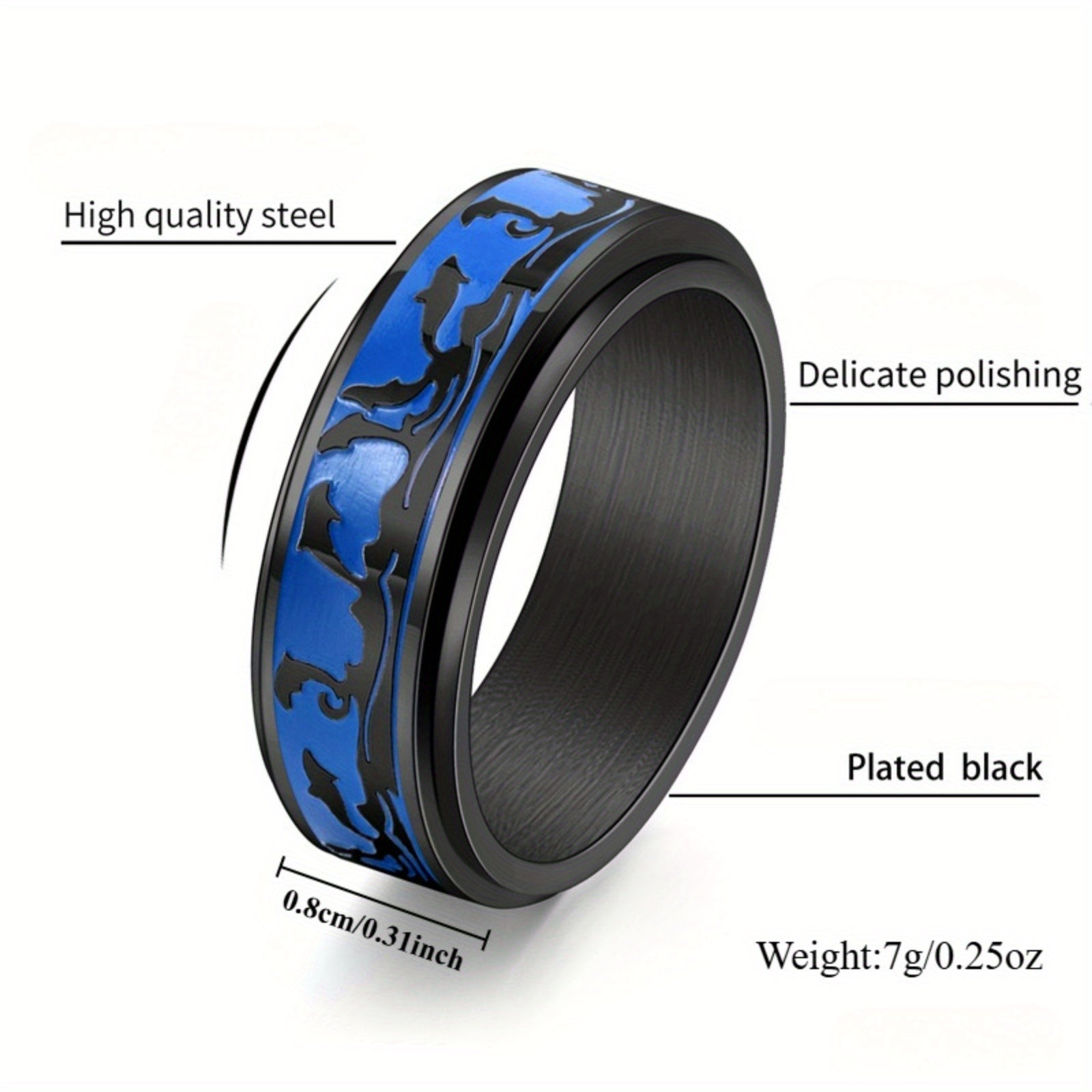 Men's Stainless Steel Rotatable Ring with Ocean Dolphin Design – Elegant Blue and Black, Ideal for Daily Wear or Parties, Dolphin Decor