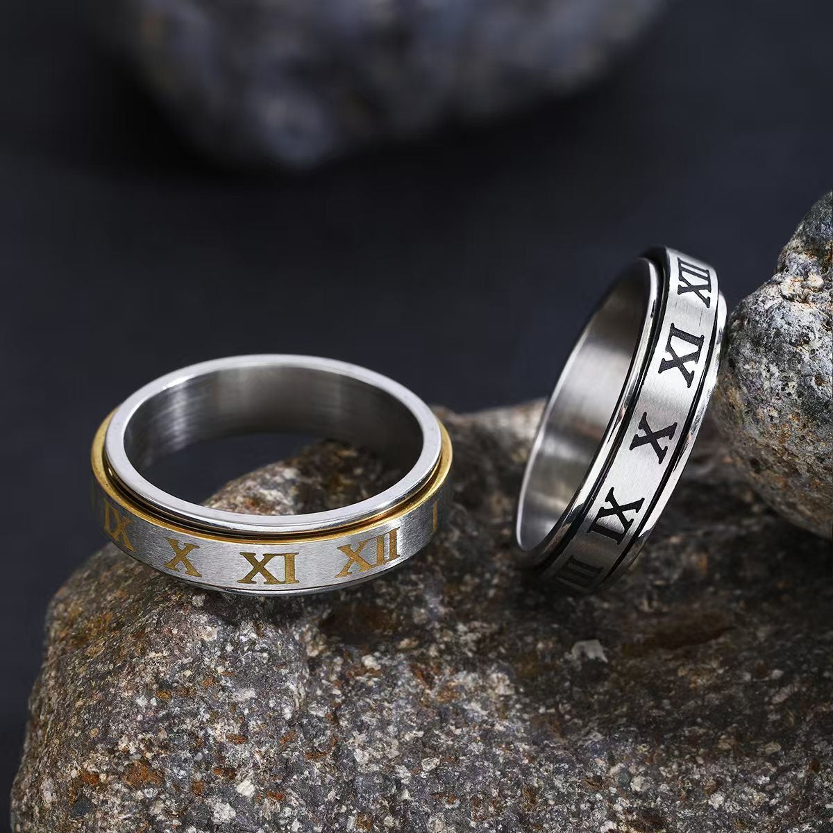 1pc Vintage Roman Numerals Ring - Stylish 6mm 304 Stainless Steel -Stress Fidget Spinner Knuckle Ring for Men & Women, Rotatable Wedding Jewelry