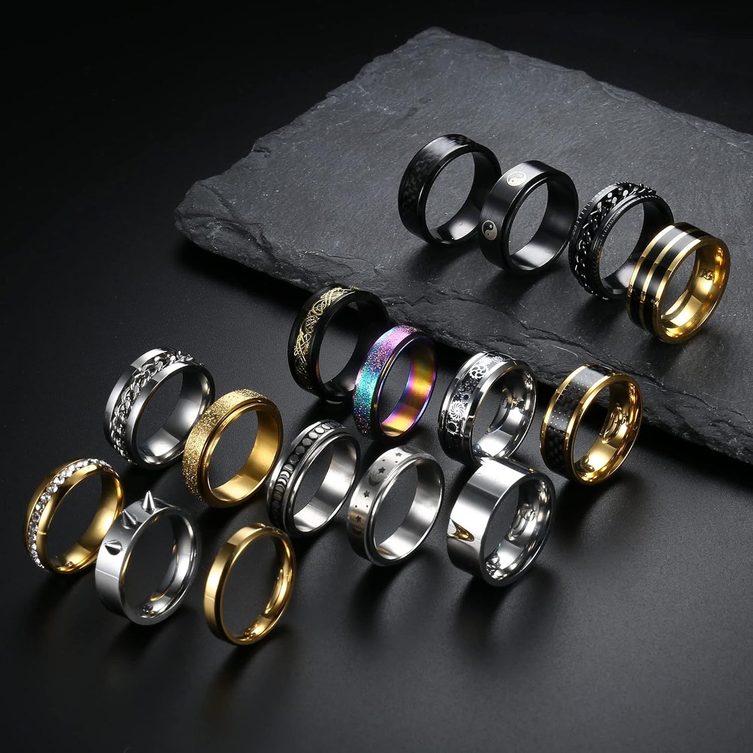 16pcs 316L Stainless Steel Rings for Men & Women - Hip Hop Style Fidget Spinner Rings with Black Band, Durable Unisex Wedding Promise Rings for Casual Attire, Wedding Accessories, and Special Occasions, Wedding Rings|Hip Hop Style Rings|Durable Rings