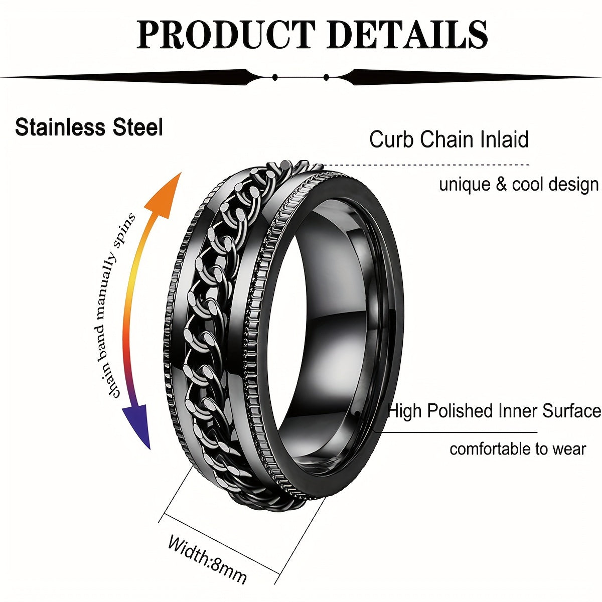 8pcs Men's and Women's 201 Stainless Steel Ring Set - Retro Style Rotating Wedding Ring, Gift for Boyfriend
