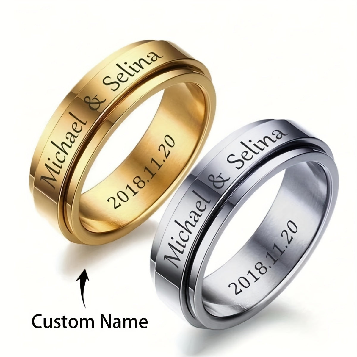 1pc Personalized Custom Engraved 304 Stainless Steel Ring - Rotating Name/Date/Message Ring for Men & Women, Minimalist Unisex Jewelry Gift for Anniversary, Birthday, Graduation, Valentine's Day, Father's/Mother's Day - Durable Everyday & Party Wear,