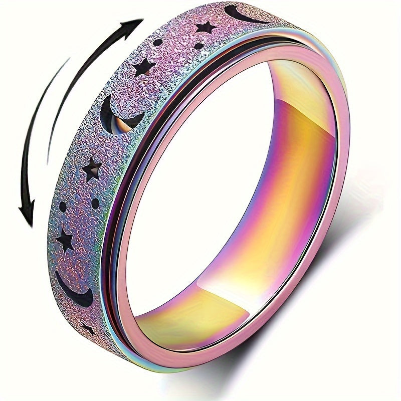 5pcs Set of New Creative 304L 304L Stainless Steel Rotatable Rings, Fashionable Moon and Star Design, Multiple Colors Available for Everyday Outfits