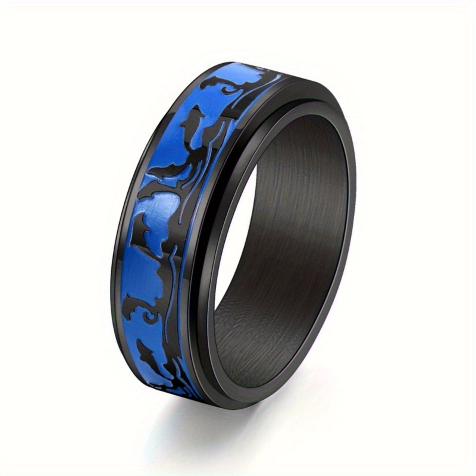 Men's Stainless Steel Rotatable Ring with Ocean Dolphin Design – Elegant Blue and Black, Ideal for Daily Wear or Parties, Dolphin Decor