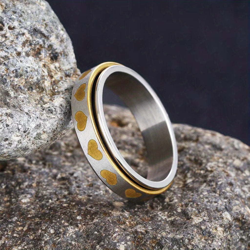 1pc Fidget Spinner Anxiety Rings for Women Men 6mm Romantic Heart Spinning Rotate Antistress Printing 304 304 Stainless Steel Ring Accessories Trendy Wedding Jewelry