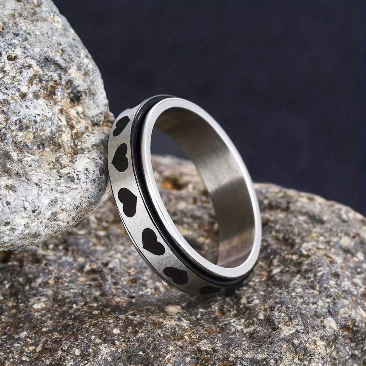 1pc Fidget Spinner Anxiety Rings for Women Men 6mm Romantic Heart Spinning Rotate Antistress Printing 304 304 Stainless Steel Ring Accessories Trendy Wedding Jewelry