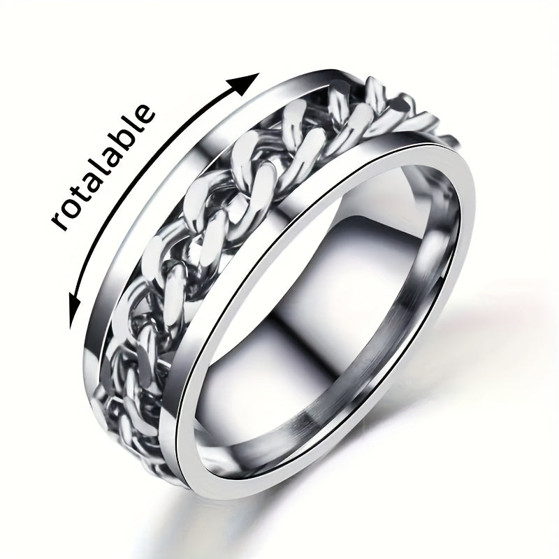 4 Cool Men's Rotating Chain Links, Casual, Stress Relieving, Lucky Stainless Steel Rings, Exquisite Men's Accessories, Jewelry, Daily Wear, Banquets, Parties, Holidays, Birthdays, Weddings, Anniversaries, Gifts, Souvenirs