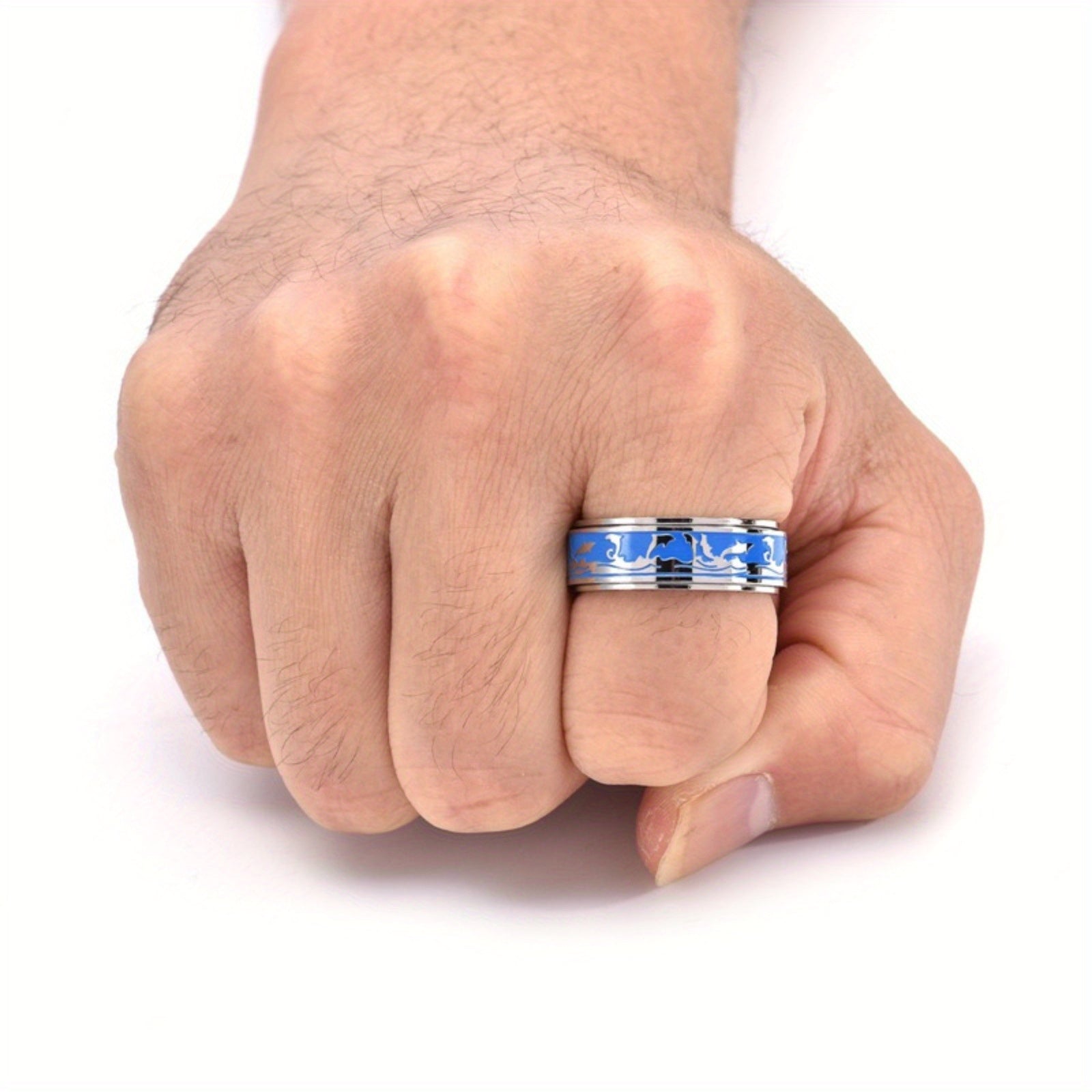 Men's Stainless Steel Rotatable Ring with Ocean Dolphin Design – Elegant Blue and Black, Ideal for Daily Wear or Parties, Dolphin Decor