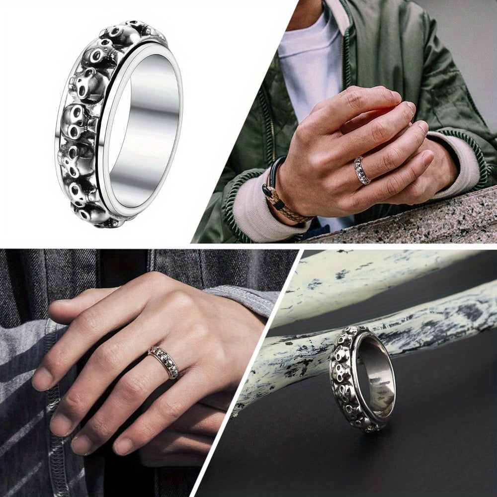 Gothic Skull Spinner Ring - Adjustable Band Vintage Punk Style Unisex Finger Jewelry with Synthetic Synthetic Zircon Accents, Mixed Colors, Durable & Stylish for Casual Attire, Edgy Accessory, Edgy Accessory, Durable Jewelry, for Teenager, For Teenager