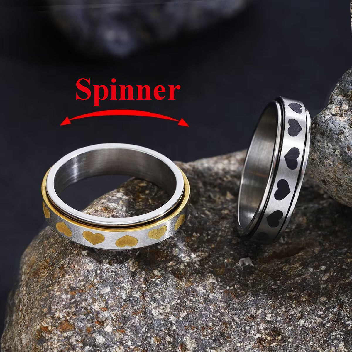 1pc Fidget Spinner Anxiety Rings for Women Men 6mm Romantic Heart Spinning Rotate Antistress Printing 304 304 Stainless Steel Ring Accessories Trendy Wedding Jewelry