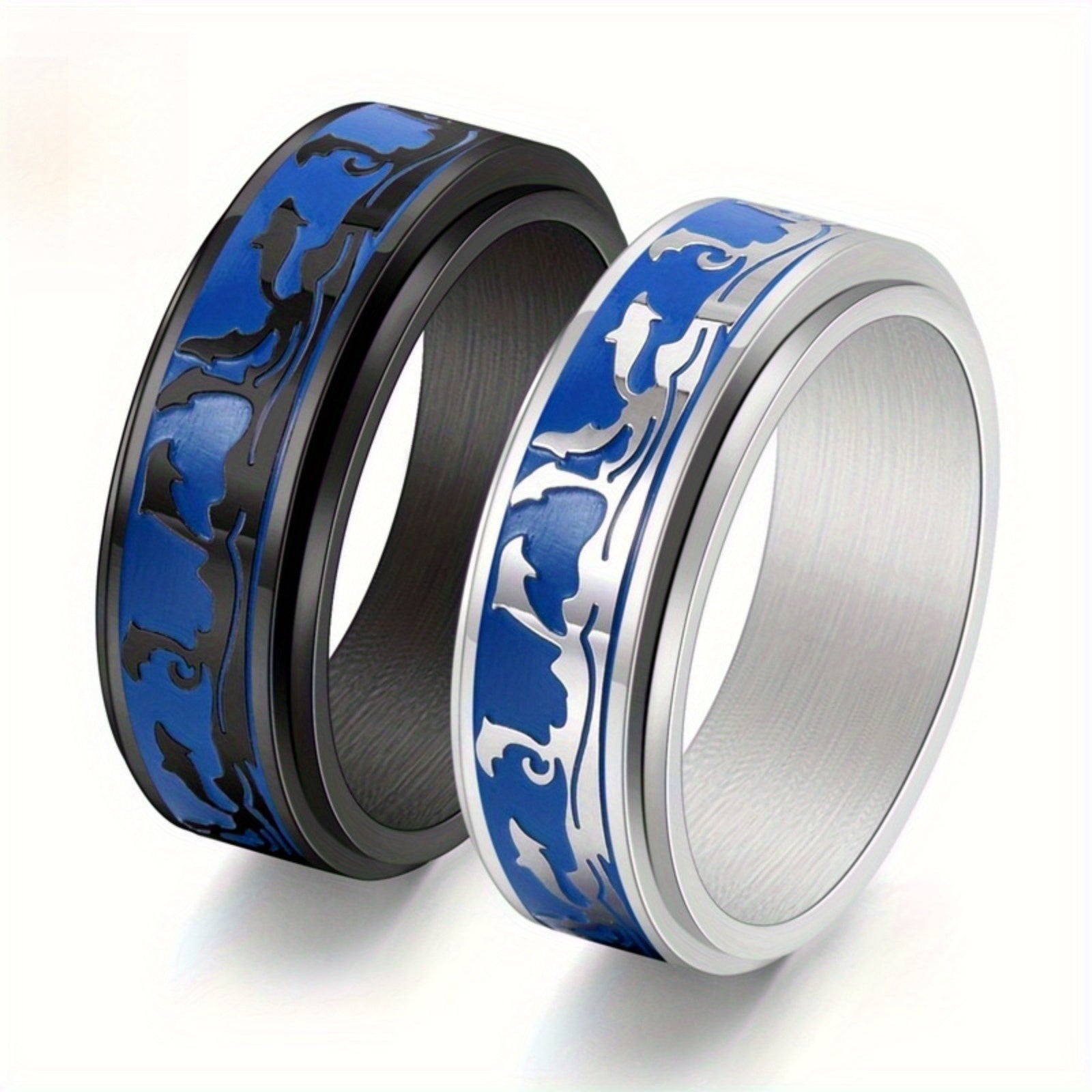 Men's Stainless Steel Rotatable Ring with Ocean Dolphin Design – Elegant Blue and Black, Ideal for Daily Wear or Parties, Dolphin Decor