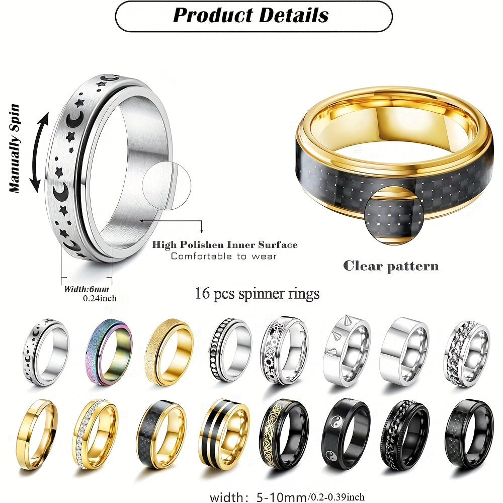 16pcs 316L Stainless Steel Rings for Men & Women - Hip Hop Style Fidget Spinner Rings with Black Band, Durable Unisex Wedding Promise Rings for Casual Attire, Wedding Accessories, and Special Occasions, Wedding Rings|Hip Hop Style Rings|Durable Rings