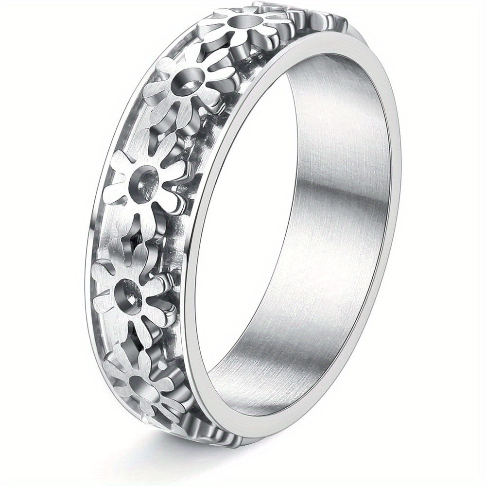 1pc Fidget Ring for Anxiety 316L Stainless Steel Spinner Ring for Men Anti Anxiety Ring Cool Hollow Metal Flower Stress Relieving Fidget Jewelry, for Teenager