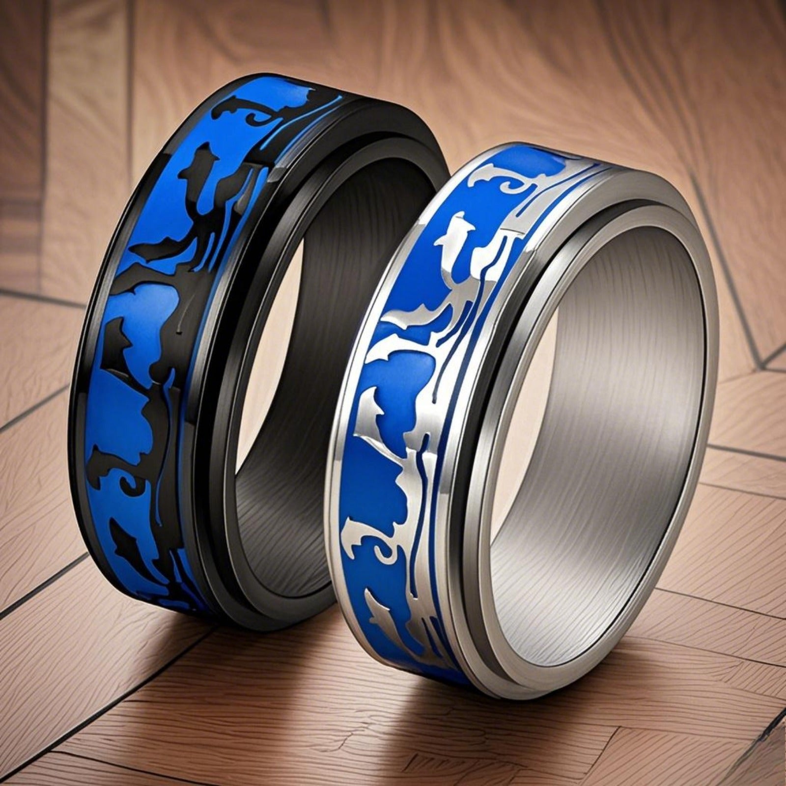 Men's Stainless Steel Rotatable Ring with Ocean Dolphin Design – Elegant Blue and Black, Ideal for Daily Wear or Parties, Dolphin Decor