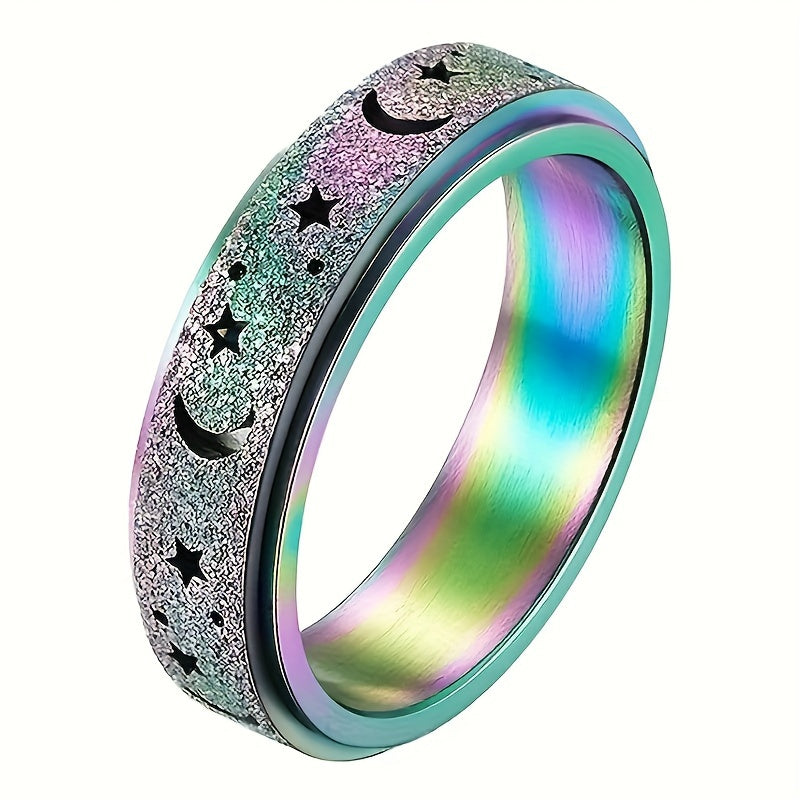 5pcs Set of New Creative 304L 304L Stainless Steel Rotatable Rings, Fashionable Moon and Star Design, Multiple Colors Available for Everyday Outfits