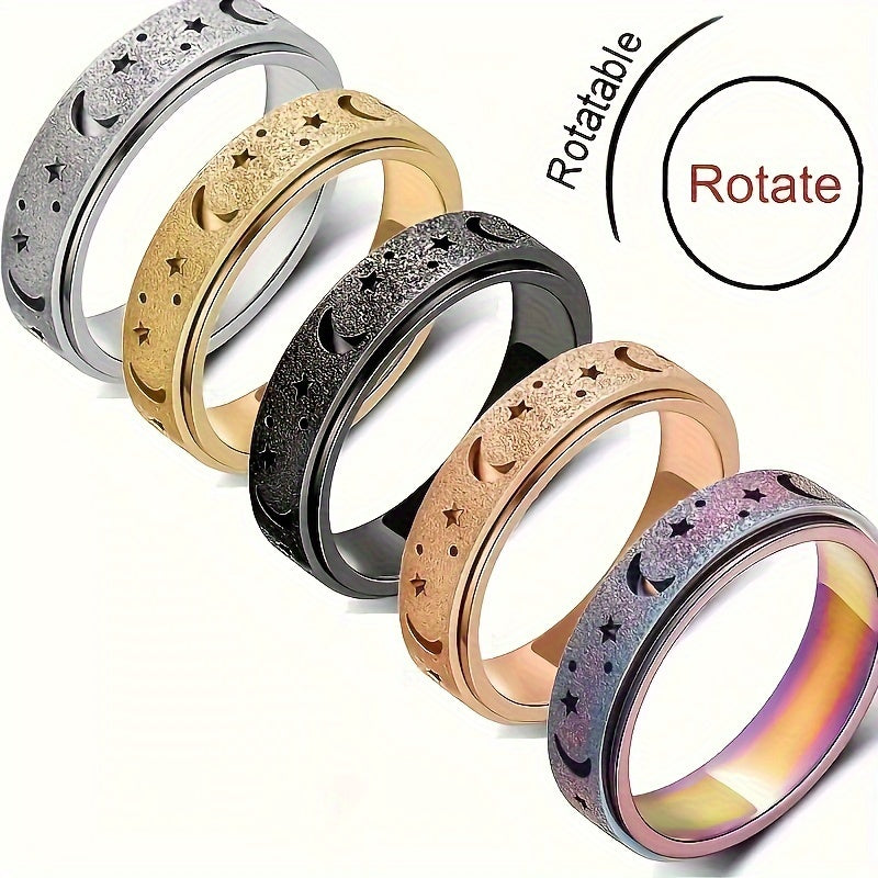 5pcs Set of New Creative 304L 304L Stainless Steel Rotatable Rings, Fashionable Moon and Star Design, Multiple Colors Available for Everyday Outfits