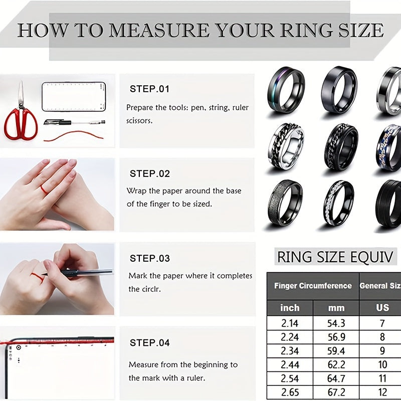 8pcs Men's and Women's 201 Stainless Steel Ring Set - Retro Style Rotating Wedding Ring, Gift for Boyfriend