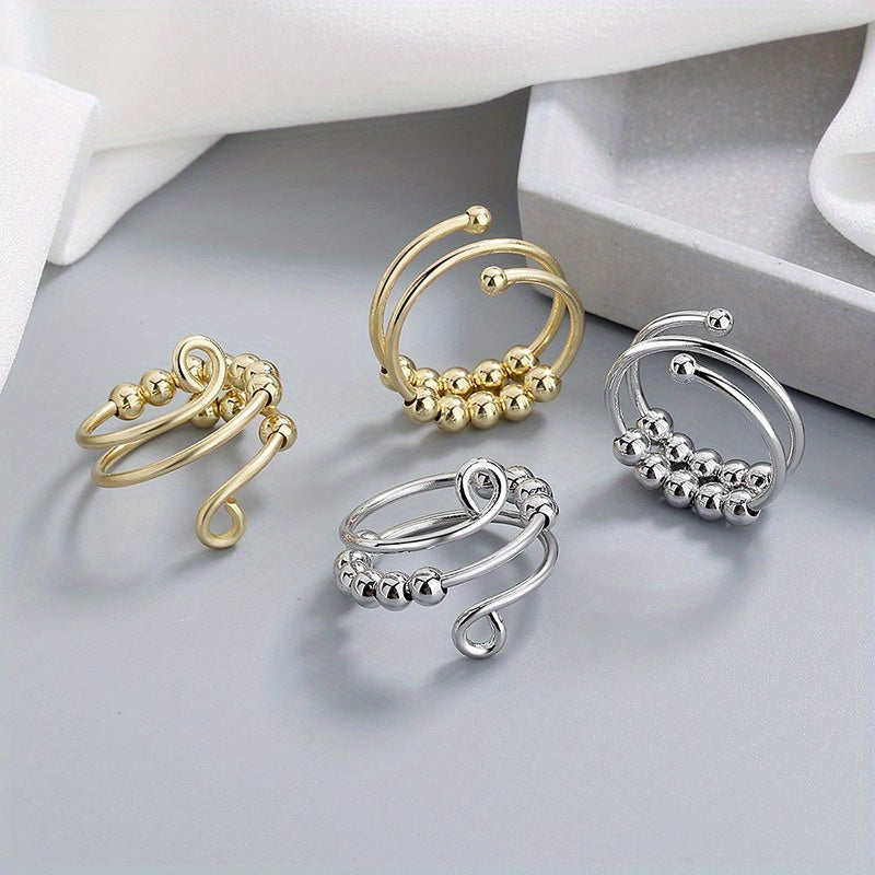 1pc Stainless Steel Embossed Ring with Rotating Bead for Relax/Anxiety, Adjustable Opening Size, Vintage Minimalist Style - Decompression Self-Relaxing Spinning Bead Jewelry - Unisex Ring, Creative Beaded Gift for Women