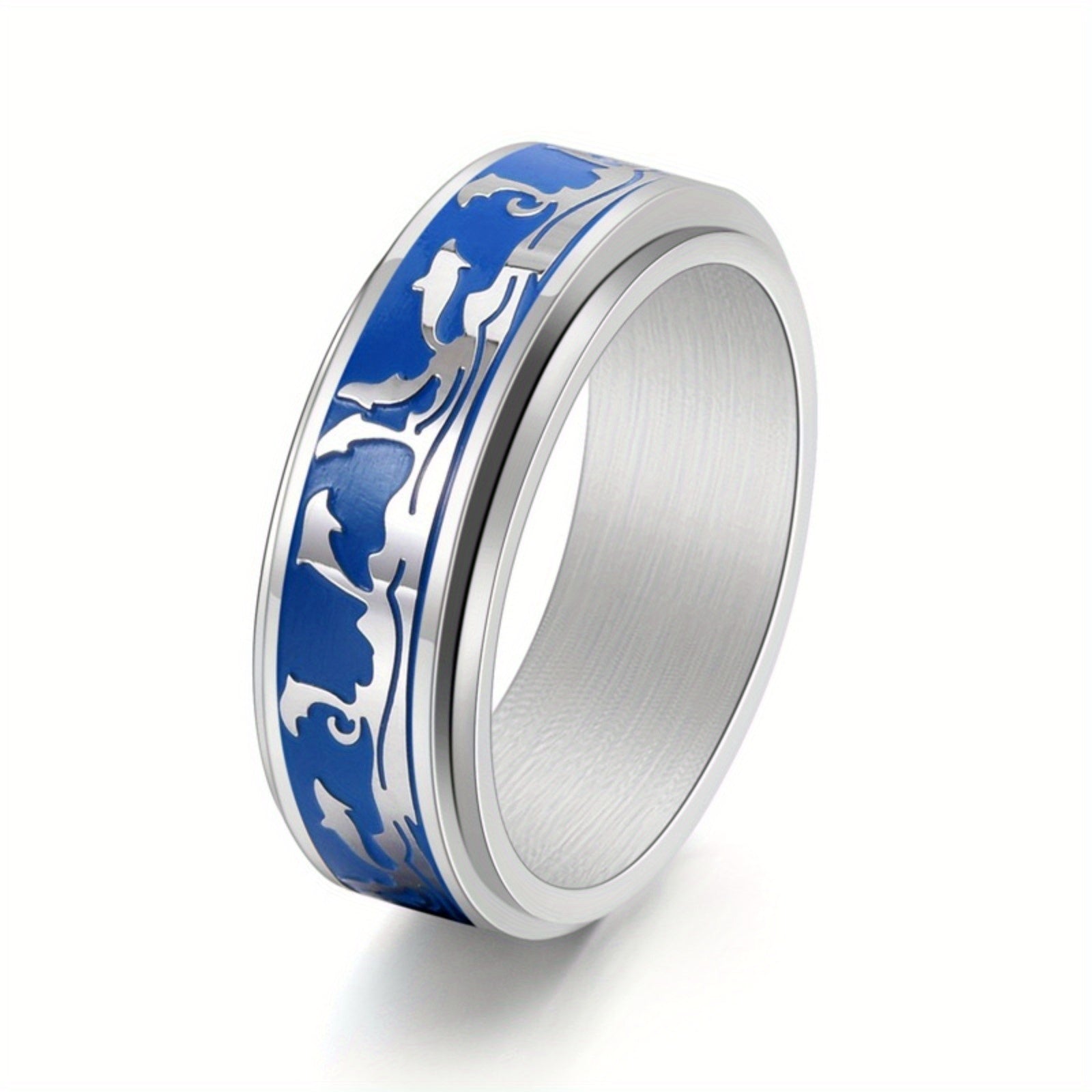 Men's Stainless Steel Rotatable Ring with Ocean Dolphin Design – Elegant Blue and Black, Ideal for Daily Wear or Parties, Dolphin Decor