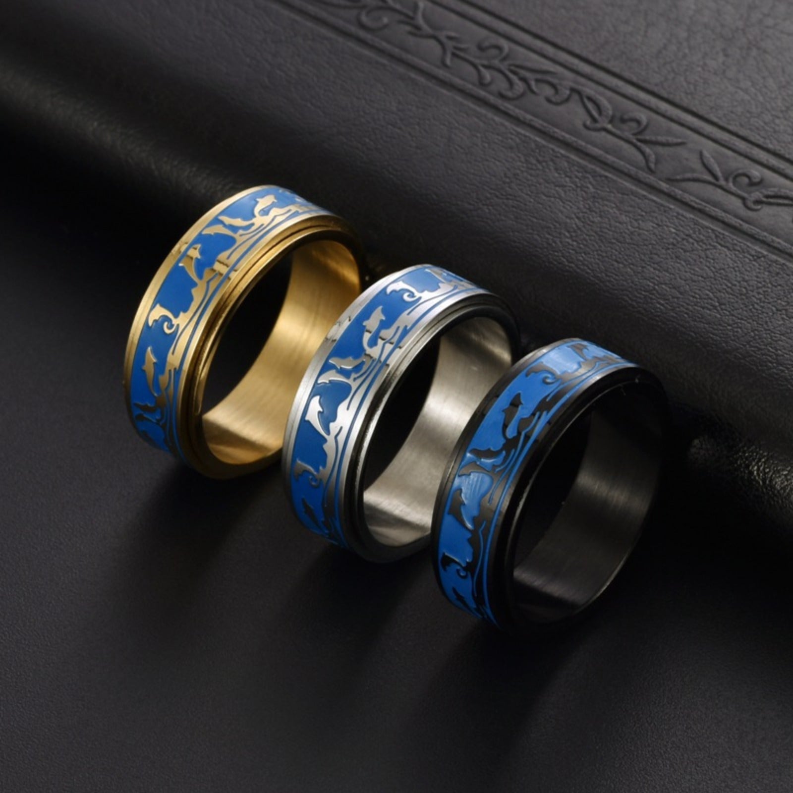 Men's Stainless Steel Rotatable Ring with Ocean Dolphin Design – Elegant Blue and Black, Ideal for Daily Wear or Parties, Dolphin Decor