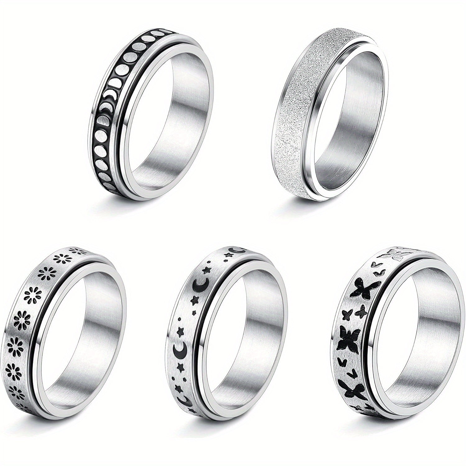 5pcs Stainless Steel Spinner Rings for Women and Men - Fidget Rings with Flower, Moon, Star, Butterfly Designs - Jewelry for Festivals, Parties, and Casual Attire, Cute Ring