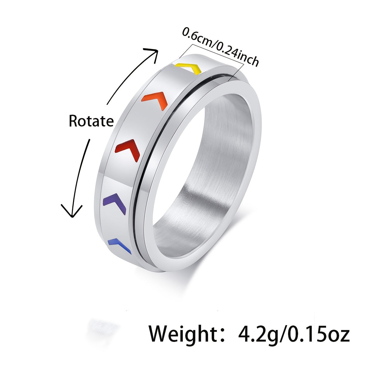 Single 304 Stainless Steel Rotating Relax Ring with Rainbow-Colored Arrows - Ergonomic Grip, Durable Minimalist Design for Casual Attire & Anxiety Relief