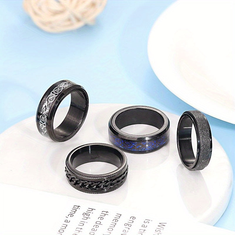 4pcs Anxiety Ring Spinner Fidget Rings for Anxiety Dragon Ring Black 316 316L Stainless Steel Rings for Men Women