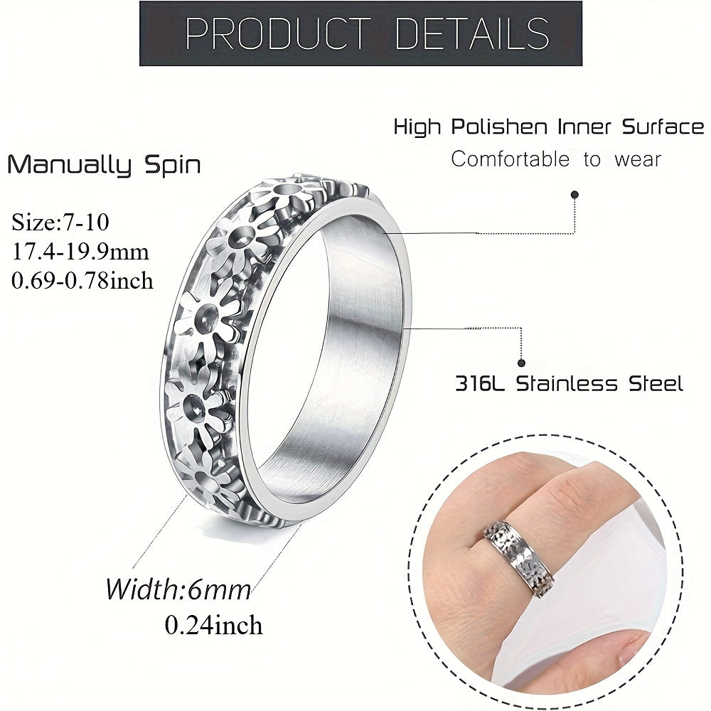 1pc Fidget Ring for Anxiety 316L Stainless Steel Spinner Ring for Men Anti Anxiety Ring Cool Hollow Metal Flower Stress Relieving Fidget Jewelry, for Teenager