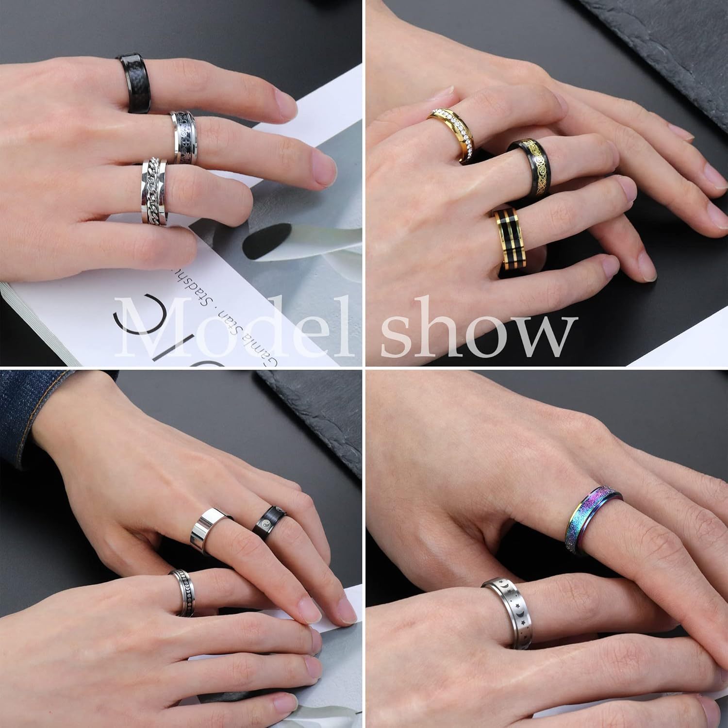 16pcs 316L Stainless Steel Rings for Men & Women - Hip Hop Style Fidget Spinner Rings with Black Band, Durable Unisex Wedding Promise Rings for Casual Attire, Wedding Accessories, and Special Occasions, Wedding Rings|Hip Hop Style Rings|Durable Rings