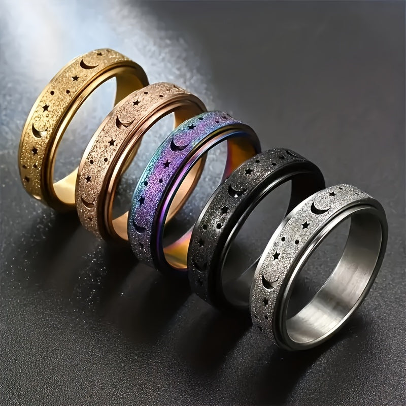 5pcs Set of New Creative 304L 304L Stainless Steel Rotatable Rings, Fashionable Moon and Star Design, Multiple Colors Available for Everyday Outfits