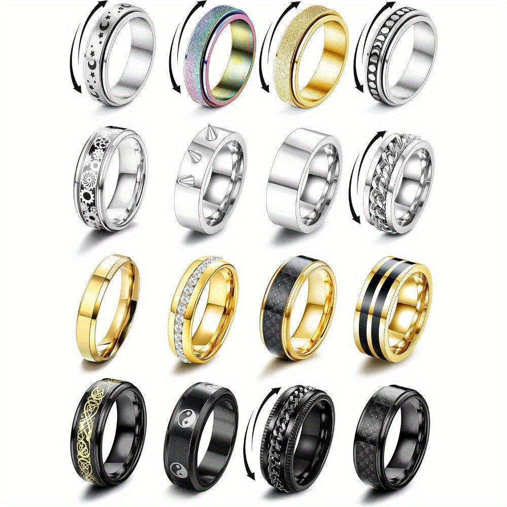 16pcs 316L Stainless Steel Rings for Men & Women - Hip Hop Style Fidget Spinner Rings with Black Band, Durable Unisex Wedding Promise Rings for Casual Attire, Wedding Accessories, and Special Occasions, Wedding Rings|Hip Hop Style Rings|Durable Rings