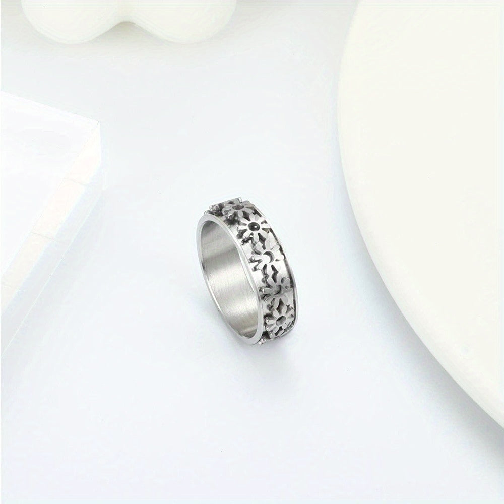 1pc Fidget Ring for Anxiety 316L Stainless Steel Spinner Ring for Men Anti Anxiety Ring Cool Hollow Metal Flower Stress Relieving Fidget Jewelry, for Teenager