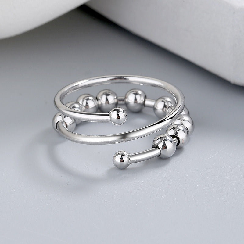 1pc Stainless Steel Embossed Ring with Rotating Bead for Relax/Anxiety, Adjustable Opening Size, Vintage Minimalist Style - Decompression Self-Relaxing Spinning Bead Jewelry - Unisex Ring, Creative Beaded Gift for Women