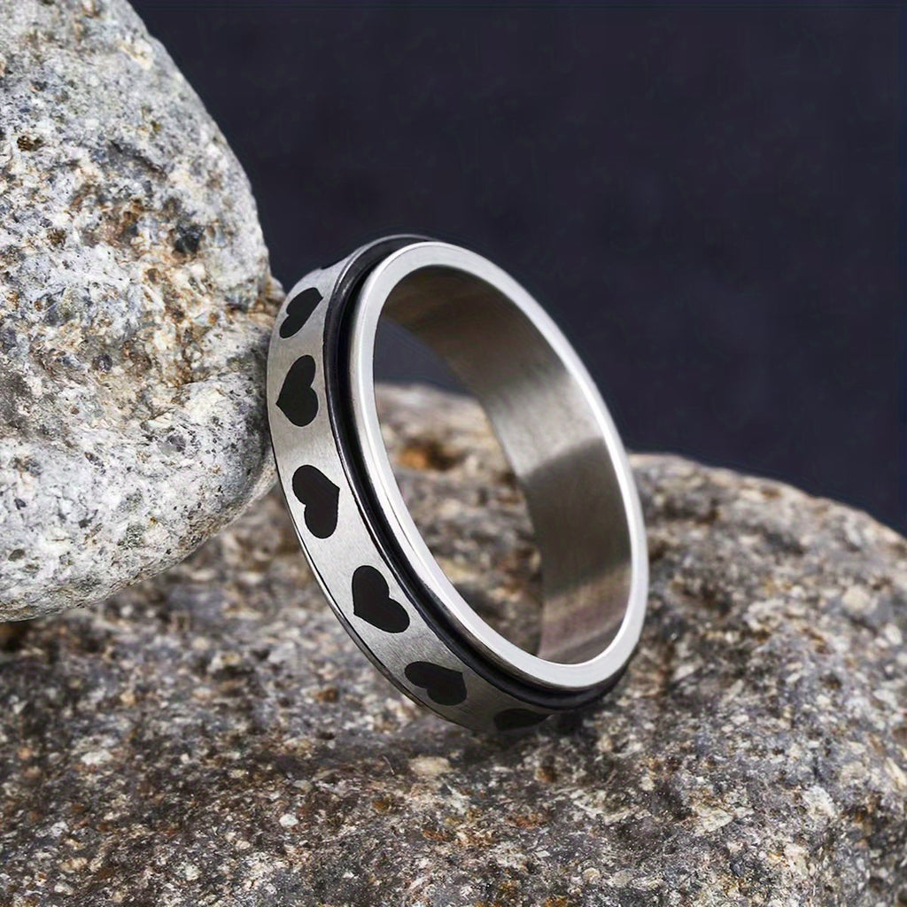 1pc Fidget Spinner Anxiety Rings for Women Men 6mm Romantic Heart Spinning Rotate Antistress Printing 304 304 Stainless Steel Ring Accessories Trendy Wedding Jewelry