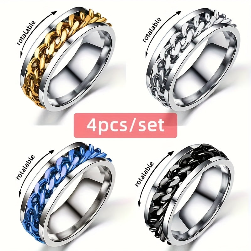 4 Cool Men's Rotating Chain Links, Casual, Stress Relieving, Lucky Stainless Steel Rings, Exquisite Men's Accessories, Jewelry, Daily Wear, Banquets, Parties, Holidays, Birthdays, Weddings, Anniversaries, Gifts, Souvenirs