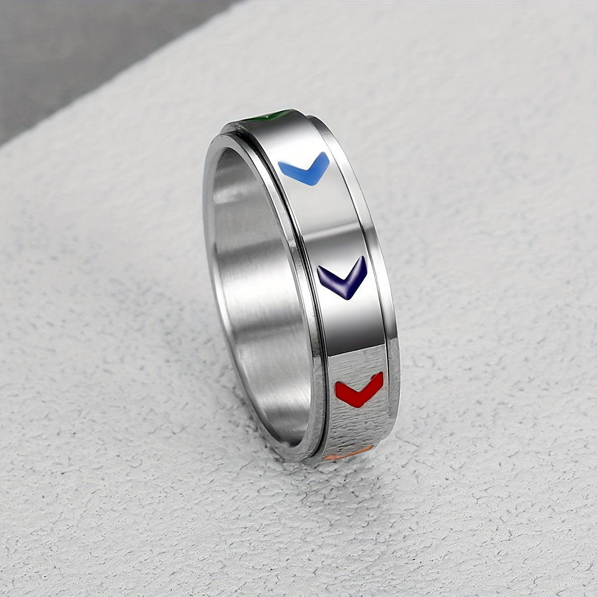 Single 304 Stainless Steel Rotating Relax Ring with Rainbow-Colored Arrows - Ergonomic Grip, Durable Minimalist Design for Casual Attire & Anxiety Relief