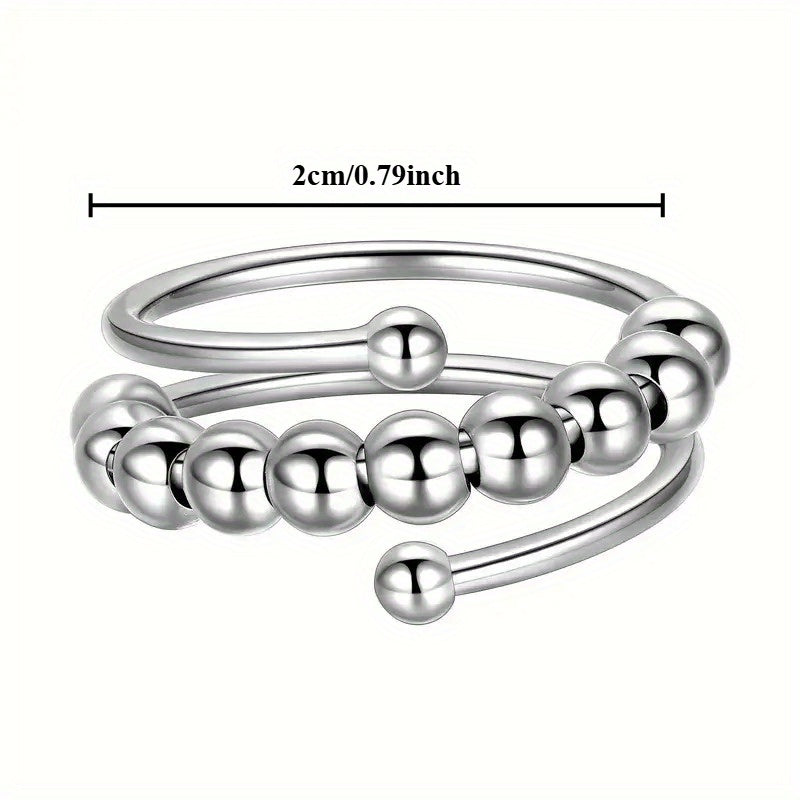 1pc Stainless Steel Embossed Ring with Rotating Bead for Relax/Anxiety, Adjustable Opening Size, Vintage Minimalist Style - Decompression Self-Relaxing Spinning Bead Jewelry - Unisex Ring, Creative Beaded Gift for Women